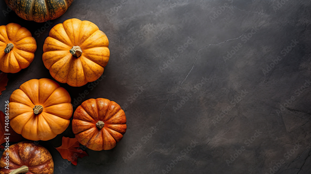 A group of pumpkins on a dark orange color marble A group of pumpkins on a dark orange color marble