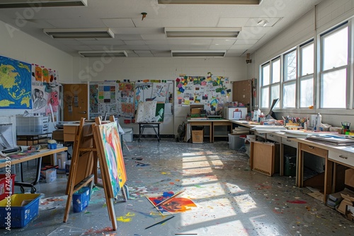 A chaotic room filled with clutter and miscellaneous items scattered across the floor, Empty classroom turned into an art studio with scattered art supplies, AI Generated photo