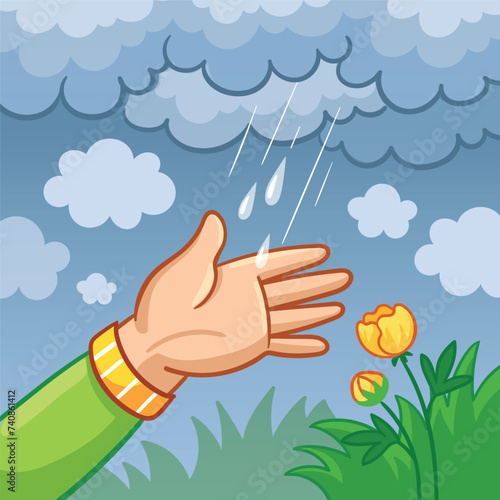 Vector illustration of a hand in the rain that catches drops of water. Thunderclouds with a hand in a cartoon style