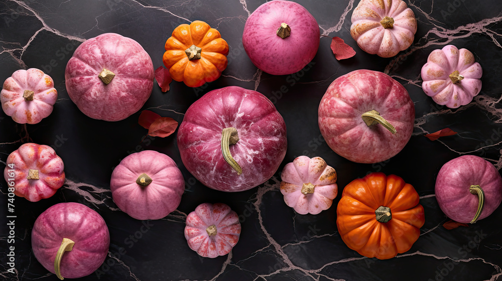 A group of pumpkins on a dark pink color marble - obrazy, fototapety, plakaty 