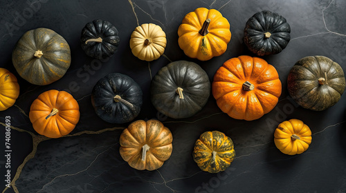 A group of pumpkins on a light black color marble