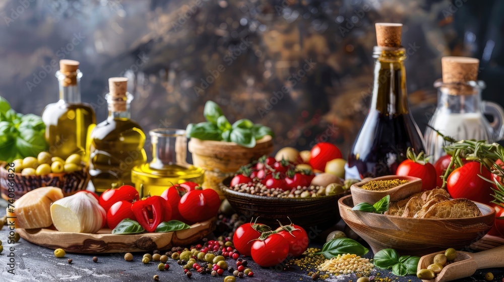 Abundance of Fresh Mediterranean Ingredients on Kitchen Table