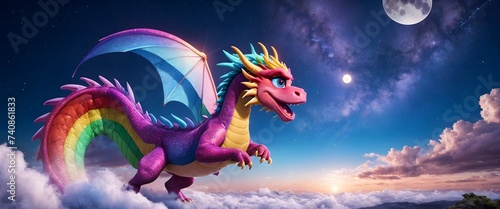 A mythical creature  the rainbow dragon  is soaring through the electric blue clouds in the sky  displaying a beautiful and aweinspiring sight