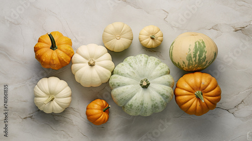 A group of pumpkins on a light lime color marble