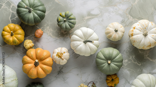 A group of pumpkins on a light green color marble