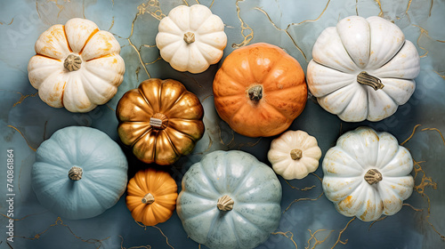 A group of pumpkins on a light blue color marble