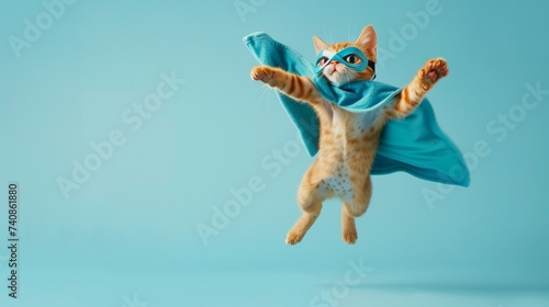 Cute orange tabby kitty with a blue cloak and mask jumping and flying on light blue background with copy space © Noor