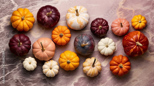 A group of pumpkins on a vivid maroon color marble