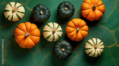 A group of pumpkins on a vivid green color marble
