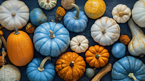 A group of pumpkins on a vivid blue color marble