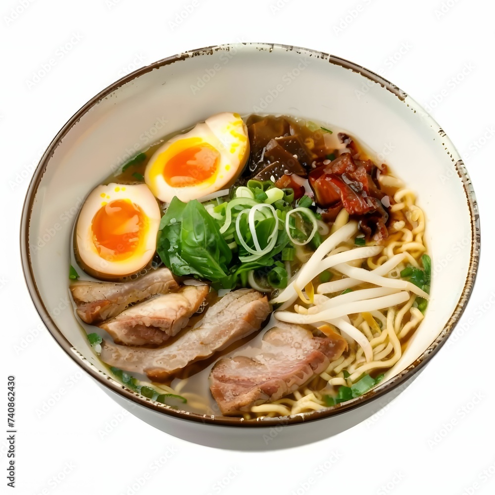 Delicious Japanese Ramen Bowl with Noodles, Egg in Isolated White Background