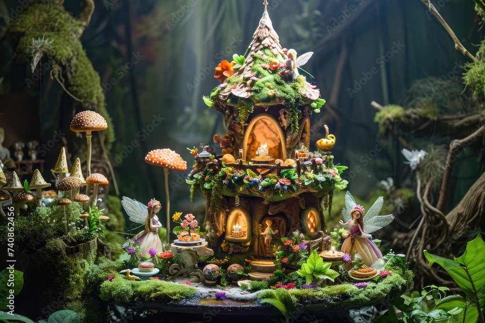 A vibrant fairy garden filled with an array of plants and mushrooms, creating a whimsical and enchanting scene, Enchanted fairy-tale birthday scene with elves and fairies, AI Generated