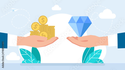Jewelry business, diamond with money. Buy, sell talent. The price of creativity. Sell and buy at a pawnshop. Man holds a diamond in his hand to exchange it for money. Flat illustration photo