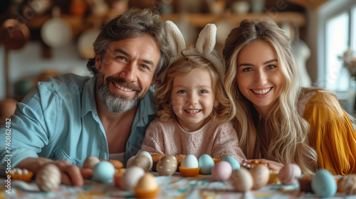 Happy smiling family at table with Easter eggs. Festive clothes with decorative bunny ears create cozy Easter atmosphere