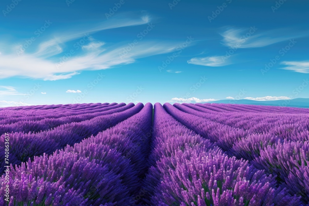 Obraz premium A vast expanse of vibrant purple flowers stretches out beneath a clear blue sky, Endless lavender fields under a deep blue sky, AI Generated