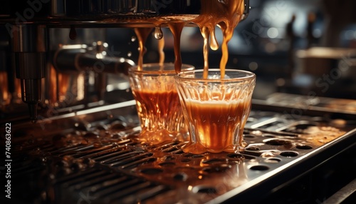 A detailed shot of espresso dripping from a machine
