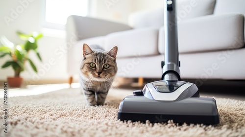Woman Vacuuming Carpet, Cat Watching Closely Nearby. photo