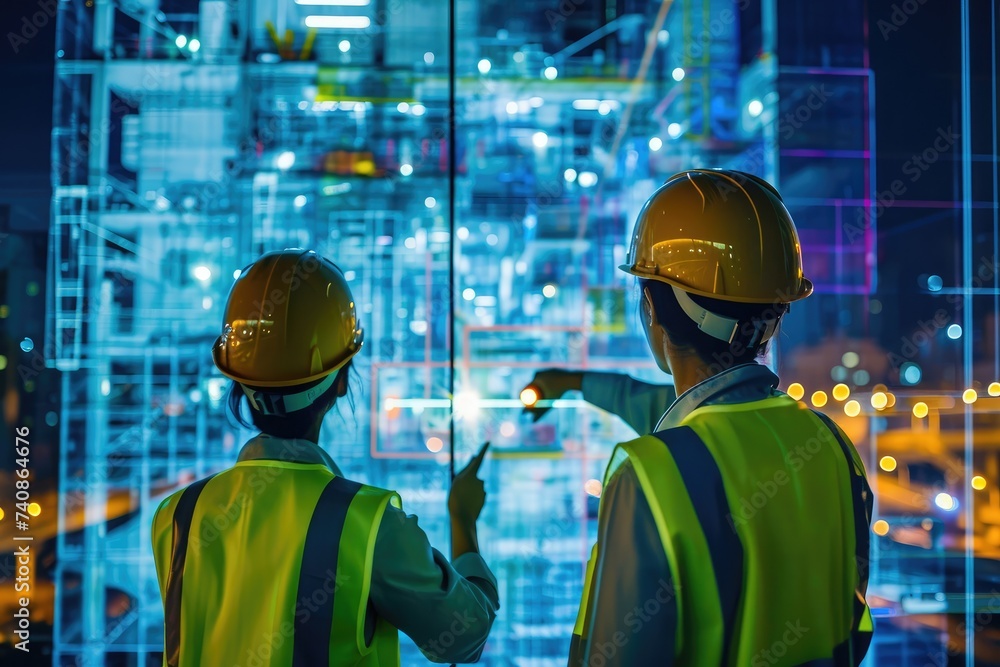 Two Construction Workers Standing in Front of a Window During Building Renovation, Engineers using digital twin technology in a construction project, AI Generated Two Construction Workers Standing in Front of a Window During Building Renovation, Engineers using digital twin technology in a construction project, AI Generated