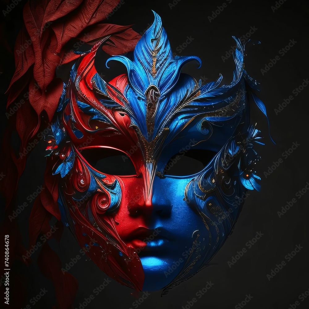Blue and red mask with ornaments on dark background. Carnival outfits, masks and decorations.