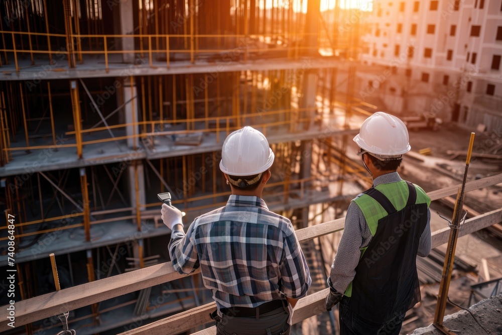 Two Construction Workers Examining a Building Under Construction, Engineers using machine learning to optimize construction plans, AI Generated