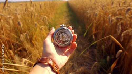 Compass in the hand against rural road, generate AI