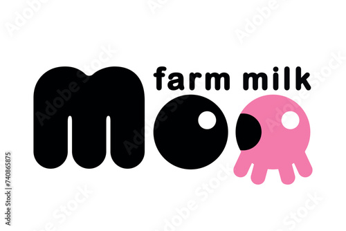 Minimalistic simple logo for farm natural cow's milk, moo lettering, cow udder. Vector illustration of EPS10