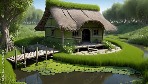 A hut with a thatched roof