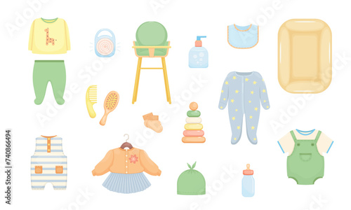 Set of baby clothes goods jumpsuit bodysuit pajama skirt toy chair. Cartoon vector illustration of newborn items isolated.