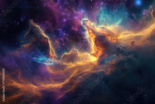 The photo captures a vibrant and expansive space adorned with a multitude of stars, Ethereal space scene with a majestic nebula in bright hues, AI Generated