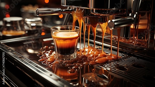 A detailed shot of espresso dripping from a machine