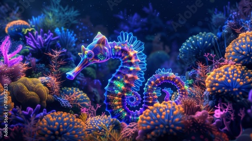 Neon seahorse dancing amidst neon illuminated coral reefs