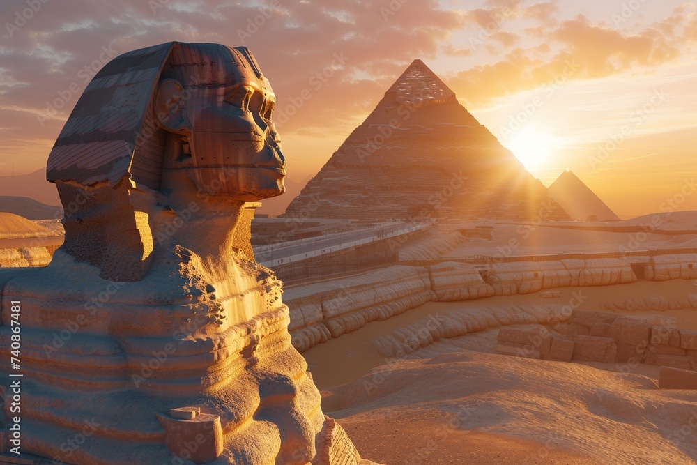 Sphinx riddle scene in front of the pyramids a desert sunset casting long shadows - obrazy, fototapety, plakaty 