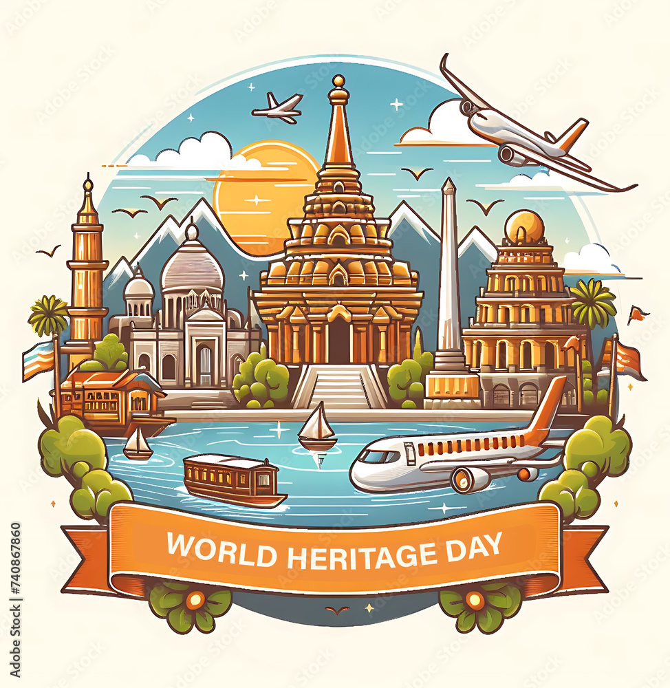 World Heritage Day Post Template Flat Design Illustration, Generative AI