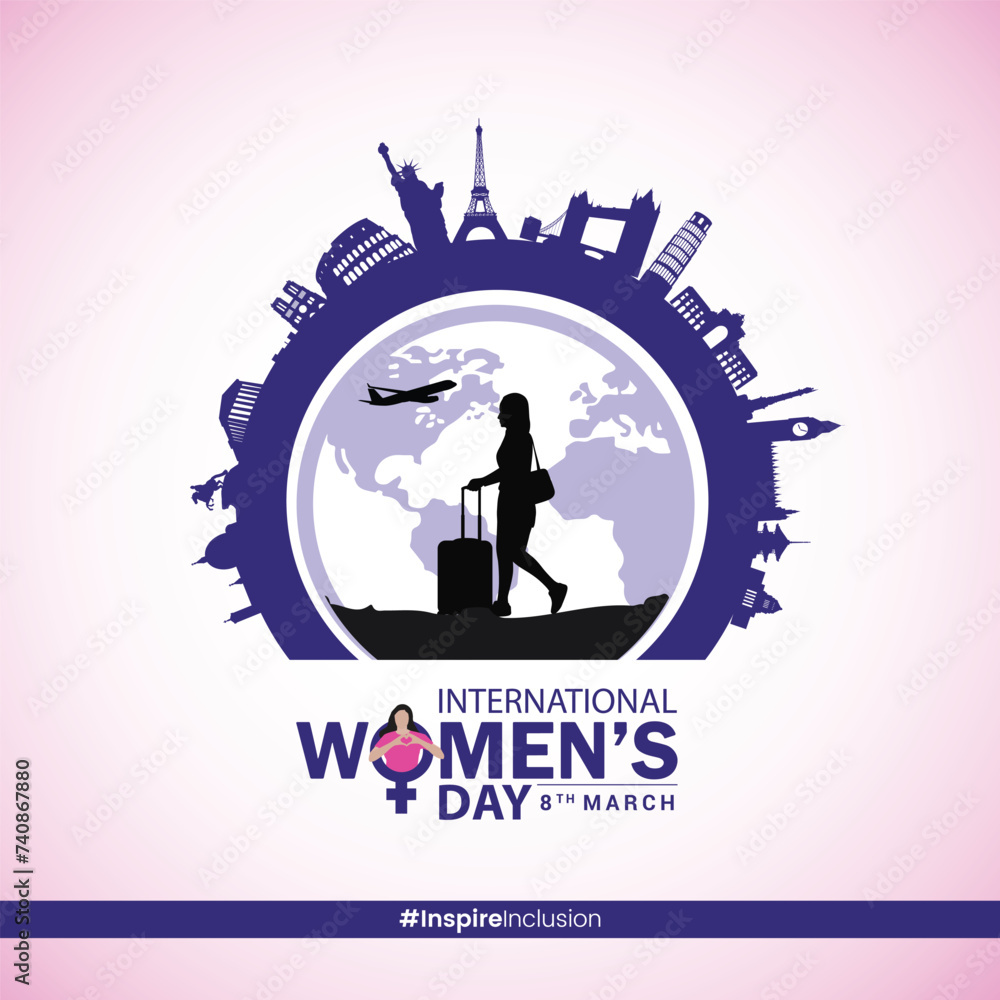 Women's Day tour and travel concept social media theme banner poster, 2024 Women's Day campaign theme- #InspireInclusion, Females for feminism, independence, sisterhood, empowerment