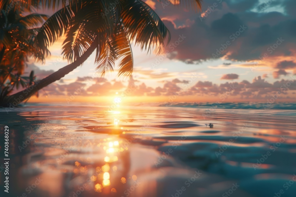 At sunset, a tropical island beach transforms into a breathtaking and idyllic scene, captivating with its beauty and tranquility - obrazy, fototapety, plakaty 