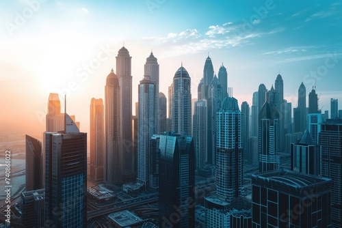 This photo captures a sprawling city landscape filled with towering skyscrapers and a bustling urban atmosphere, Exotic city skyline dominated by glass skyscrapers during daytime, AI Generated