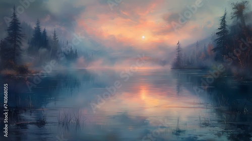 A peaceful lakeside scene at dawn, with mist rising from the water and the first light of morning painting the sky in soft pastel hues