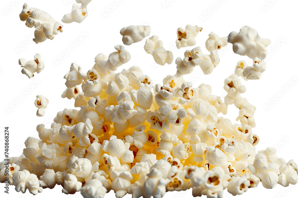 Flying delicious popcorn cut out closeup isolated on transparent background Flying delicious popcorn cut out closeup isolated on transparent background