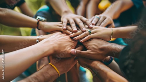 A lot of people put their hand together. Unity concept close up. United team idea. Anti racism sign. Group diverse arm on top of each other. Racial love symbol. Many different multi ethnic. Mixed race photo