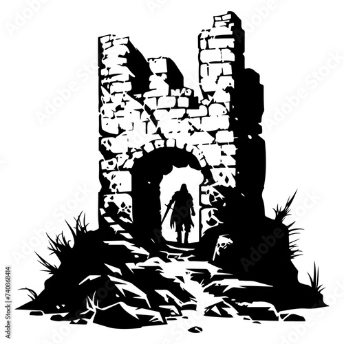 Silhouette of a Mysterious Figure at an Ancient Ruined Gate for Storytelling and Game Design
