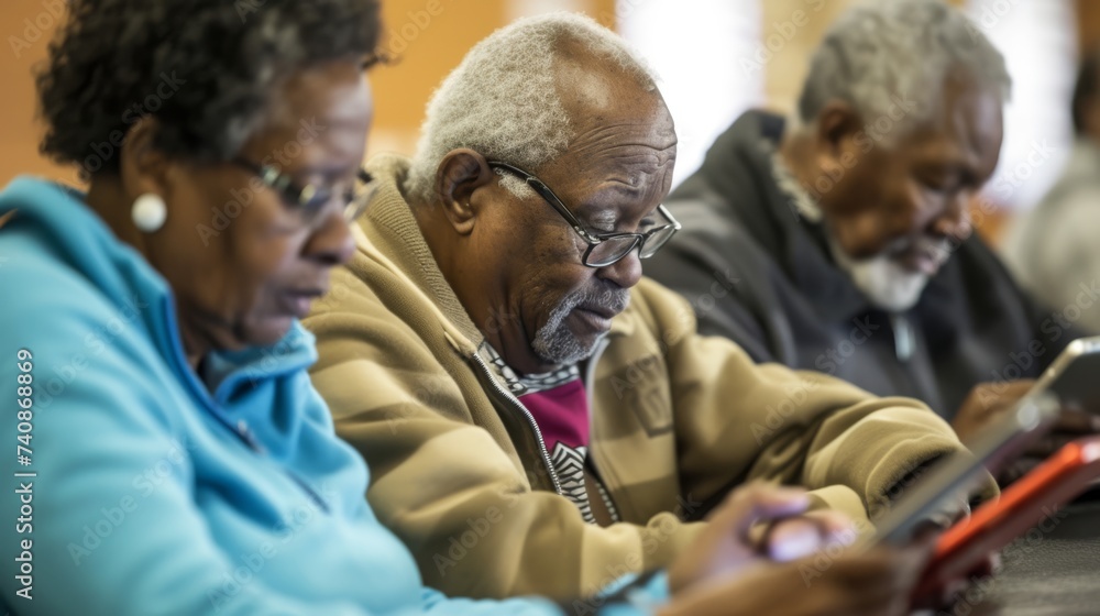 a group of african seniors at a tech workshop, their faces focused and curious, as they navigate tablets and smartphones
