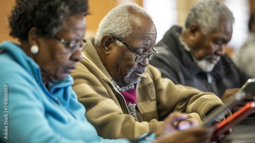 a group of african seniors at a tech workshop, their faces focused and curious, as they navigate tablets and smartphones 