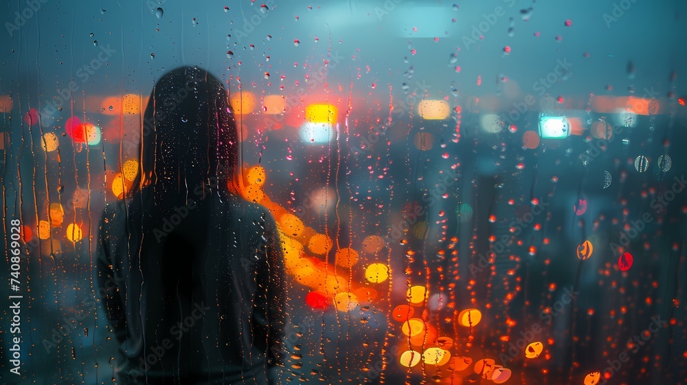 A person looking contemplative as they gaze out of a rain-streaked window, with city lights twinkling in the background