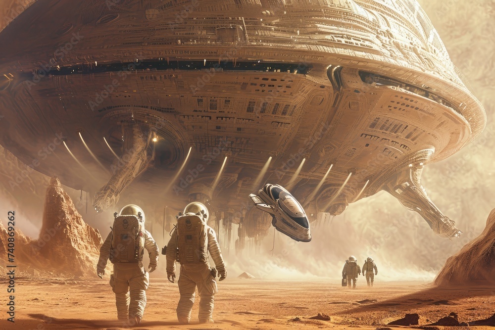 A large group of people walking in front of a massive alien ship parked ...