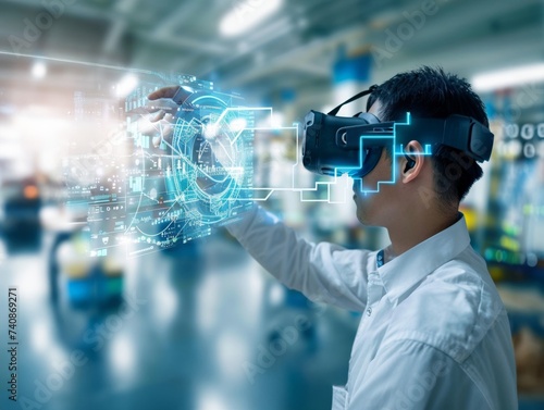 a man using a virtual reality glasses to look at data, industrial machinery aesthetics, Computer science engineer wearing VR glasses working with 3D model hologram visualization.