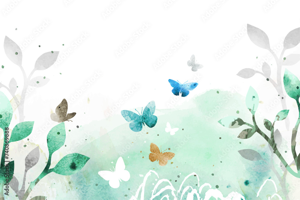 Spring romantic vector watercolor illustration with trees, meadow and butterflies. Nature design for gift card, poster, banner with place for text