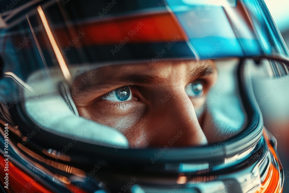 A detailed view of an individual wearing a protective helmet, Extreme close-up of a race car driver's intense concentration during a race, AI Generated