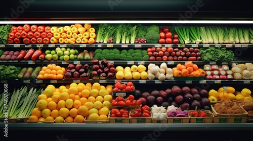 Fresh fruits and vegetables on shop stand in the supermarket or grocery store. Business healthy food concept.