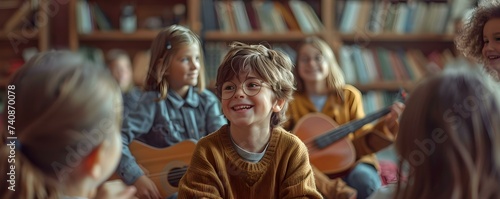 Children engaged in storytelling circle with teacher in cozy library setting. Concept Children, storytelling, circle, teacher, cozy, library