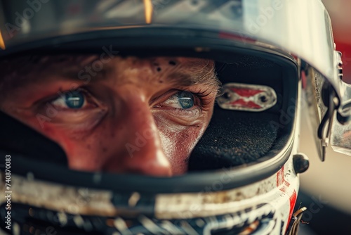 A close-up shot of a person wearing a protective helmet while riding a bicycle, Extreme close-up of a race car driver's intense concentration during a race, AI Generated © Iftikhar alam